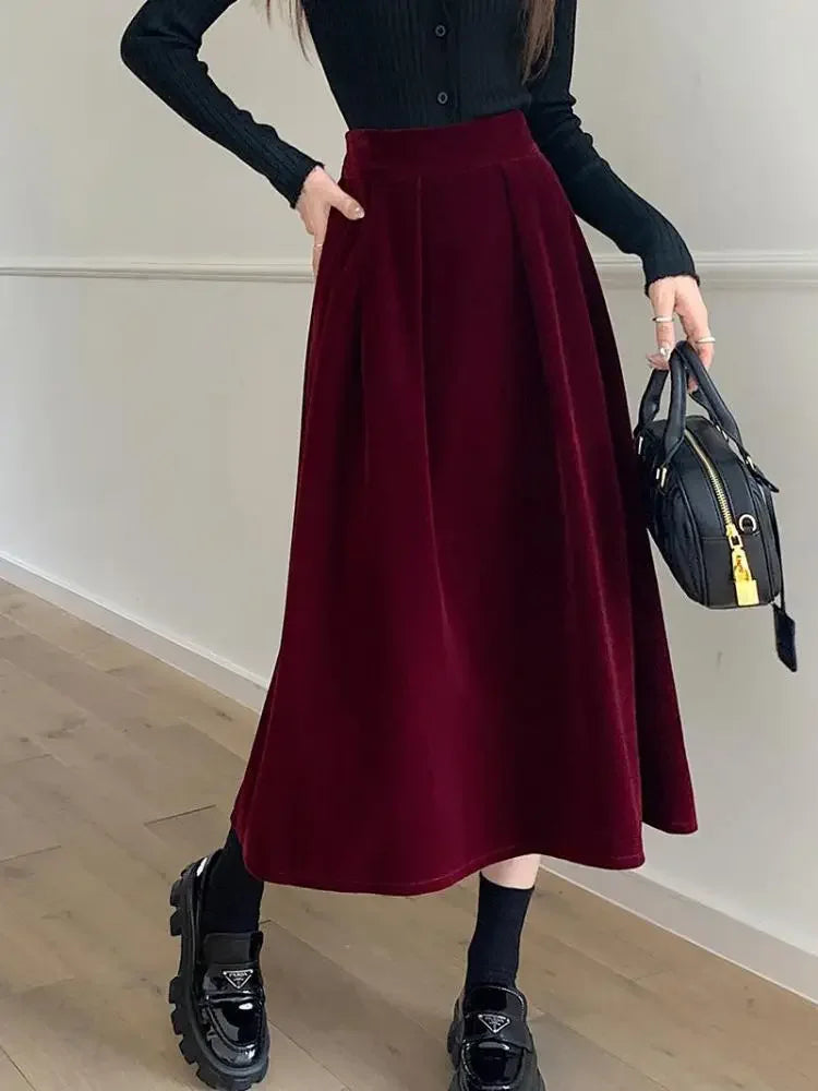 Autumn Winter Warm Vintage Red Elegant Velvet A-line Skirt For Women 2024 High Waist Casual Black Party Pleated Big Swing Skirts