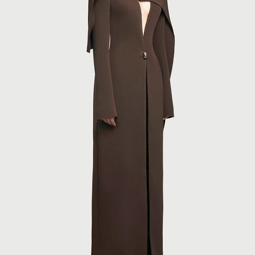 Load image into Gallery viewer, Solid Spliced Button Slimming Jackets For Women V Neck Long Sleeve High Waist Temperament Long Coat Female Fshion
