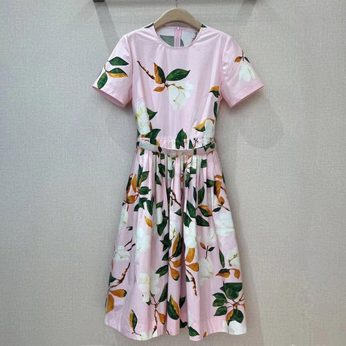 Load image into Gallery viewer, Sweet Print Floral Dress For Women Round Neck Short Sleeve High Waist Colorblock Midi Dresses Female Summer Clothes
