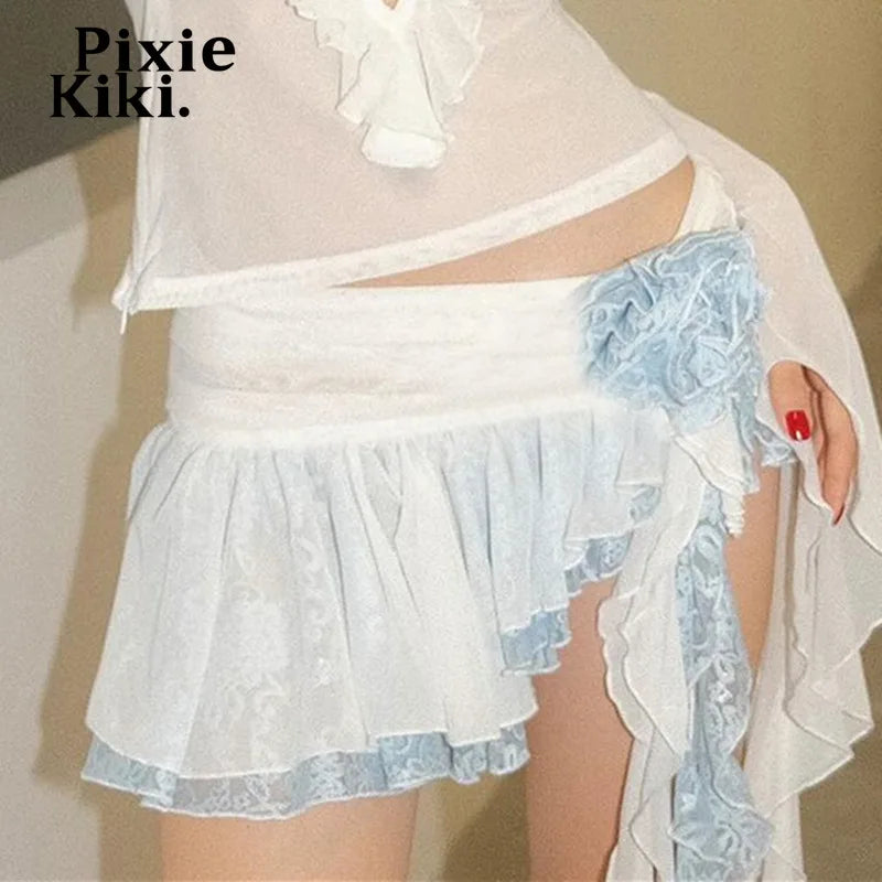 Y2k Summer Sexy Asymmetrical Skirt Low Waist Floral Applique Ruffle Micro Mini Skirts Ropa Coquette Aesthetic P33-CB16