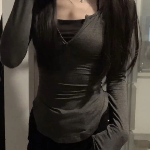 Load image into Gallery viewer, Y2k Aesthetic Vintage Fake Two Piece T-shirt Womens Harajuku Patchwork Halter Tops Streetwear Grunge Irregular Slim Shirts Femme
