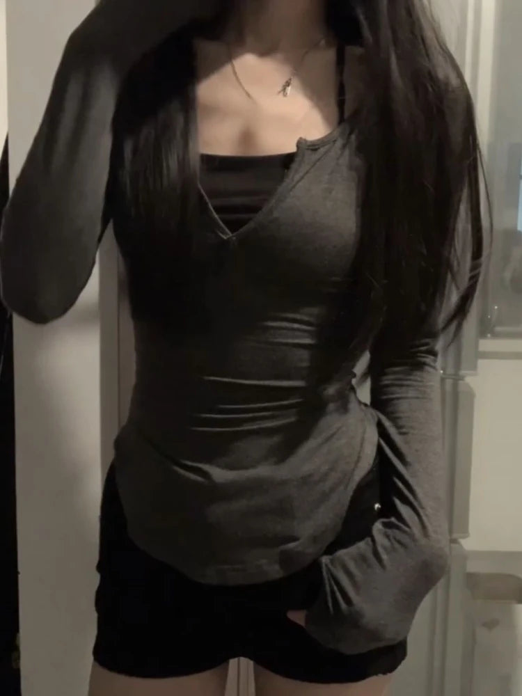 Y2k Aesthetic Vintage Fake Two Piece T-shirt Womens Harajuku Patchwork Halter Tops Streetwear Grunge Irregular Slim Shirts Femme