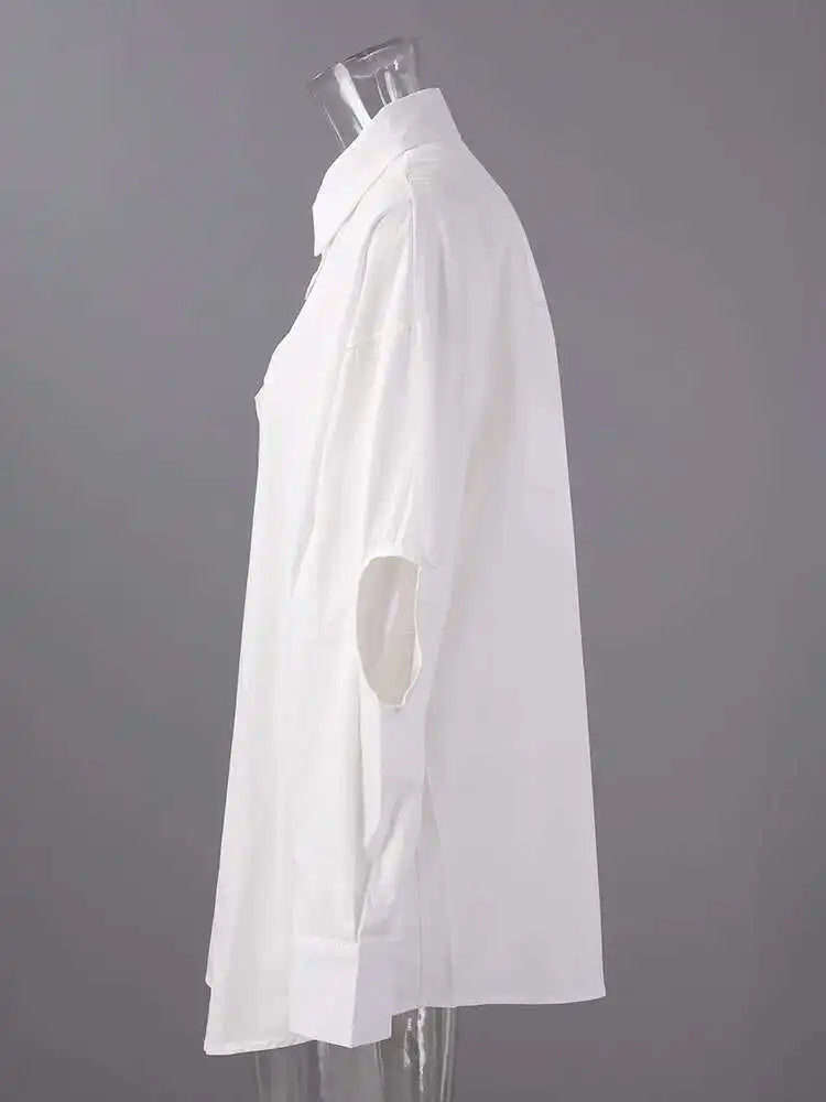 Women White Hollow Out Spliced Big Size Casual Blouse New Lapel Long Sleeve Shirt Fashion Tide Spring Autumn 2025 CPG2982