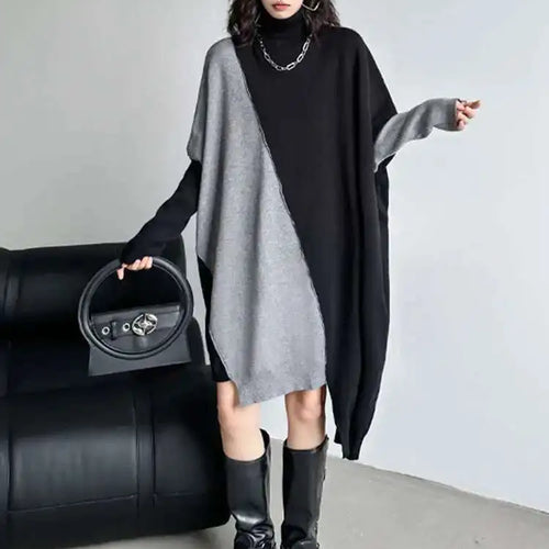 Load image into Gallery viewer, Women Gray Color-block Big Size Irregular Knitting Dress New Turtleneck Long Sleeve Fashion Spring Autumn 2025 1DH6561
