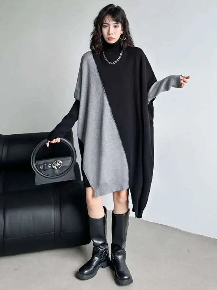 Women Gray Color-block Big Size Irregular Knitting Dress New Turtleneck Long Sleeve Fashion Spring Autumn 2025 1DH6561