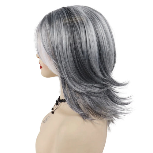 Load image into Gallery viewer, Synthetic Wigs for Women Long Hair Old Lady Wig Layered Hair with Curtain Bangs Mix Grey Color Natural Wigs for Daily
