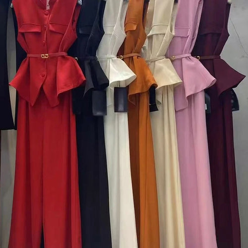 Load image into Gallery viewer, Solid Spliced Belt Two Piece Sets for Women Stand Neck Sleeveless Patchwork Button Top High Waist Pant Set Female
