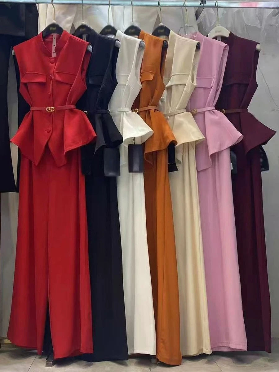 Solid Spliced Belt Two Piece Sets for Women Stand Neck Sleeveless Patchwork Button Top High Waist Pant Set Female