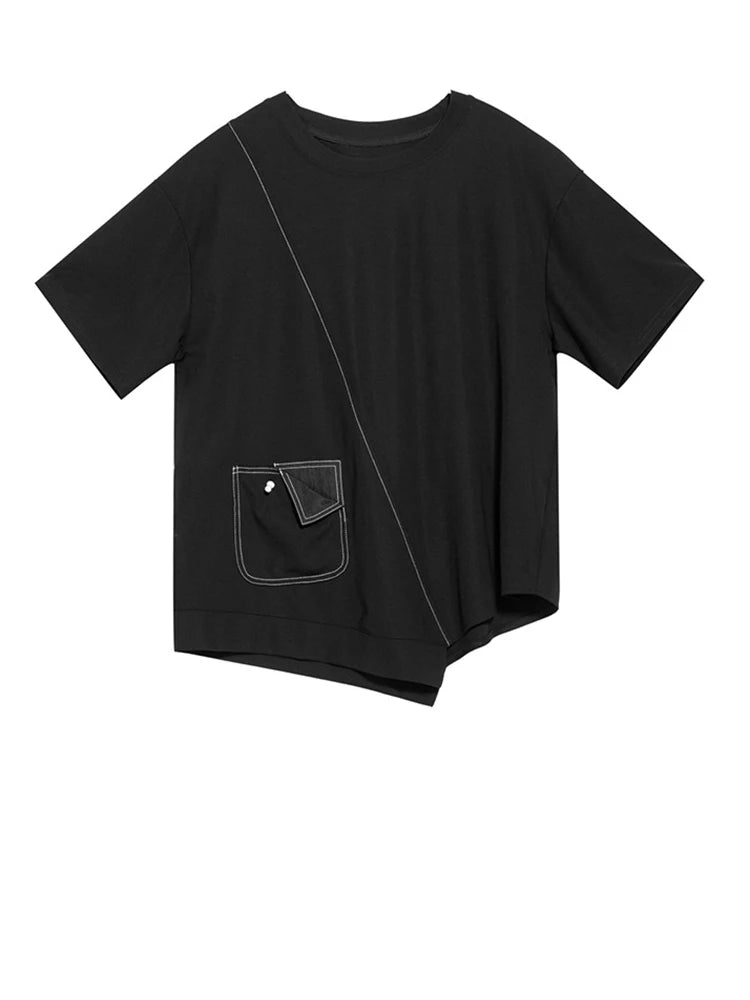 Women White  Topstitched Irregular Hem Big Size T-shirt New Round Neck Short Sleeve Fashion Spring Summer 2025 1DJ1753