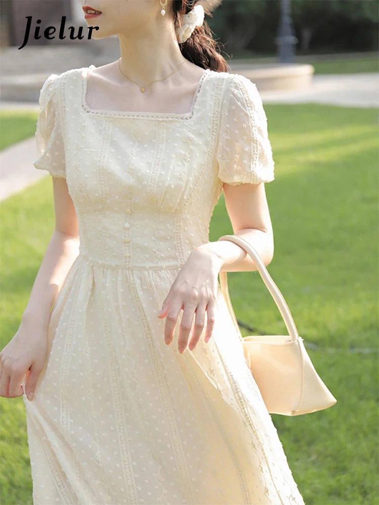 White Square Neck Puff Sleeve Women's Dresses French Style Solid Color Fashion Elegant Office Ladies Summer Slim Dress