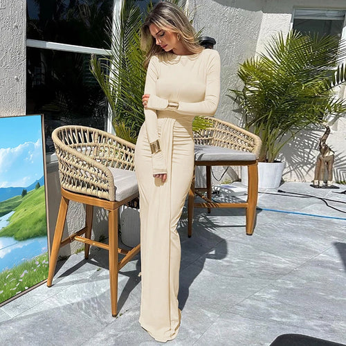 Load image into Gallery viewer, Ruched Draped Sexy Maxi Dress For Women Fashion O Neck Long Sleeve Bodycon Club Party Long Dress Female Elegant Dresses
