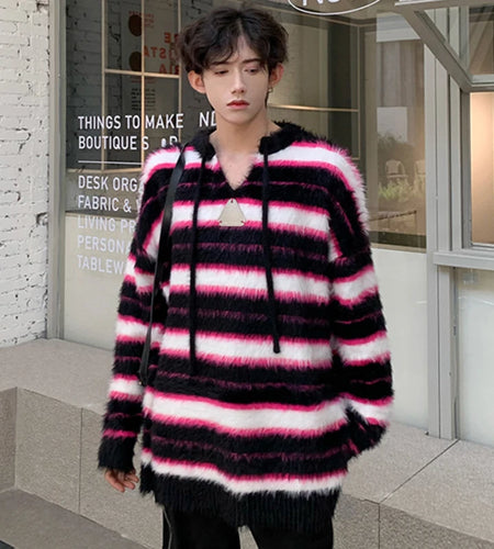 Korean Style Men's Sweaters V-neck Drawstring Patwork Striped Contrast Color Casual Knitting Pullover Male Tops New 9C4116