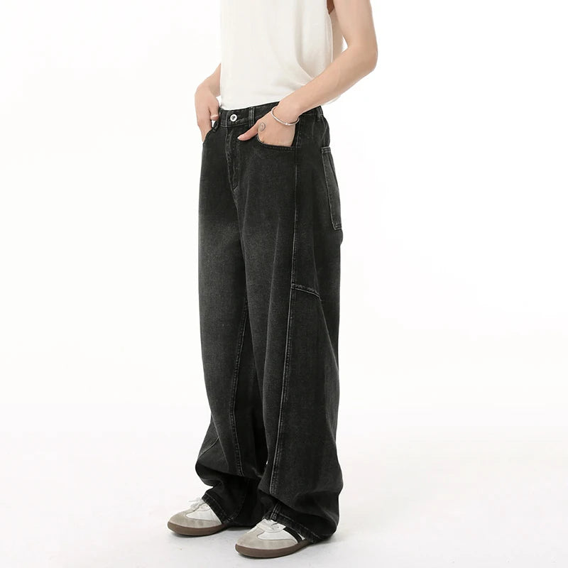 Men's  Jeans New Splicing Deconstruction Straight Wide Leg Gradient Color Trendy Male Denim Pants American Style 9W1845