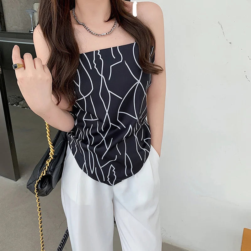 y2k Tops Summer Women Geometric Stripe Print Spaghetti Strap Sleeveless Backless Camisole 2000s Clothing Streetwear