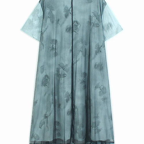 Load image into Gallery viewer, Women Blue Pattern Printed Mesh Big Size Midi Dress New Round Neck Short Sleeve Fashion Tide Spring Summer 2025 1DJ1326
