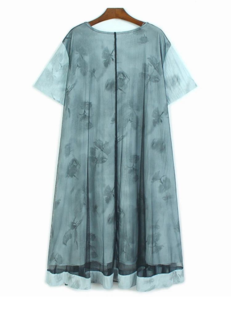 Women Blue Pattern Printed Mesh Big Size Midi Dress New Round Neck Short Sleeve Fashion Tide Spring Summer 2025 1DJ1326