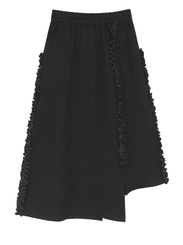 High Elastic Waist Black Ruffles Irregular Hem Elegant A-line Skirt Women Fashion Tide New Spring Autumn 2025 1DH9660
