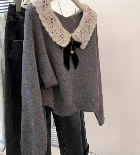 Autumn Winter New Grey Patchwork Long Sleeved Bow Knitted Sweater Vintage Woman Beige Elegant Loose Festival Pullover Slim Tops