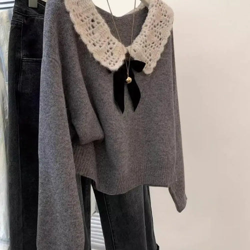 Load image into Gallery viewer, Autumn Winter New Grey Patchwork Long Sleeved Bow Knitted Sweater Vintage Woman Beige Elegant Loose Festival Pullover Slim Tops
