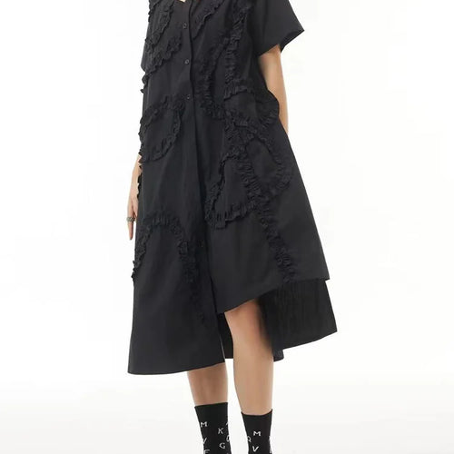 Load image into Gallery viewer, Women Black Hollow Out Irregular Ruffles Big Size Shirt Dress New Lapel Short Sleeve Fashion Spring Summer 2025 1DJ0504
