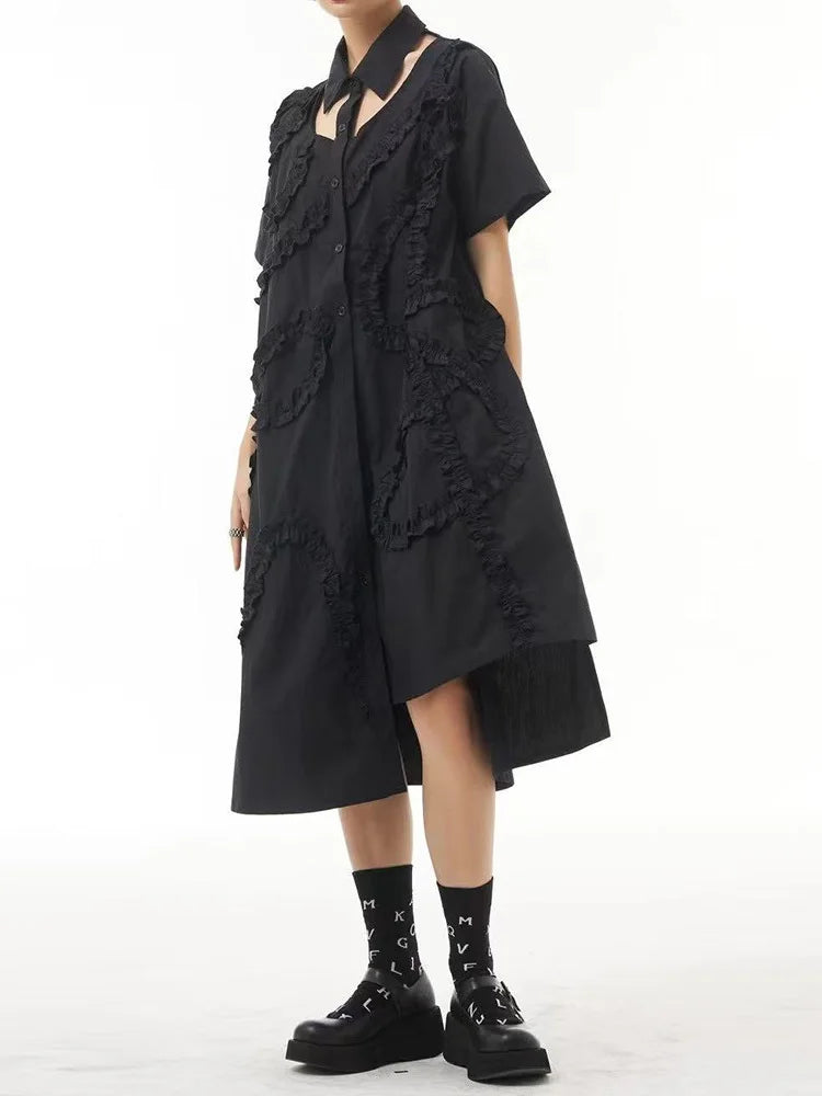 Women Black Hollow Out Irregular Ruffles Big Size Shirt Dress New Lapel Short Sleeve Fashion Spring Summer 2025 1DJ0504