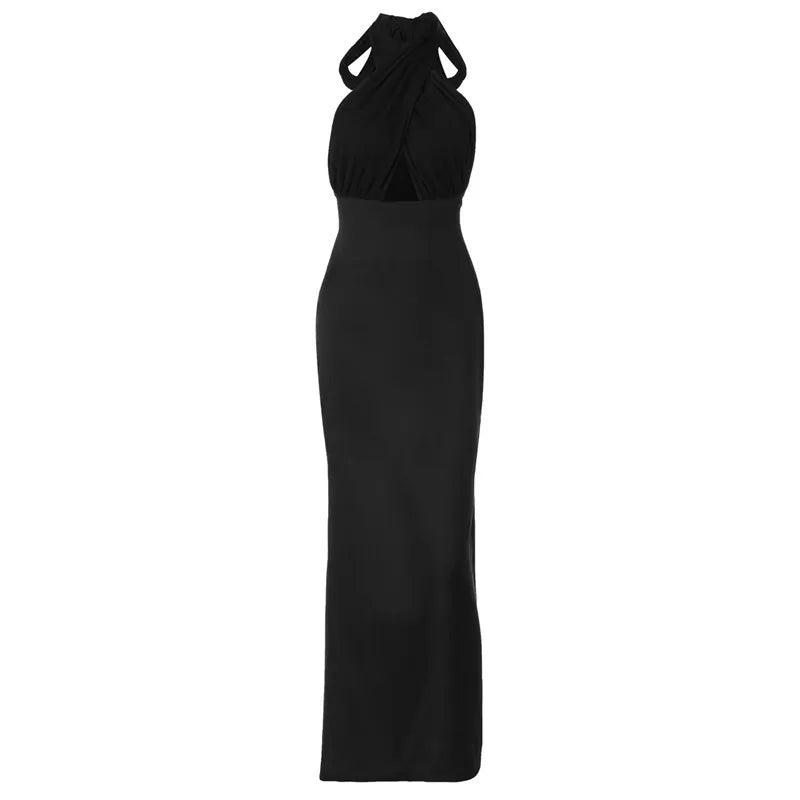 Halter Backless Sexy Maxi Dress For Women Black Satin Hollow Out Sleeveless Strapless Bodycon Club Long Dress Elegant
