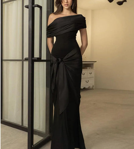 One Shoulder Mesh Patchwork Ribbon Dress Women Fashion New Slim Fit Black Female Long Dress Elegant Party Evening Dress