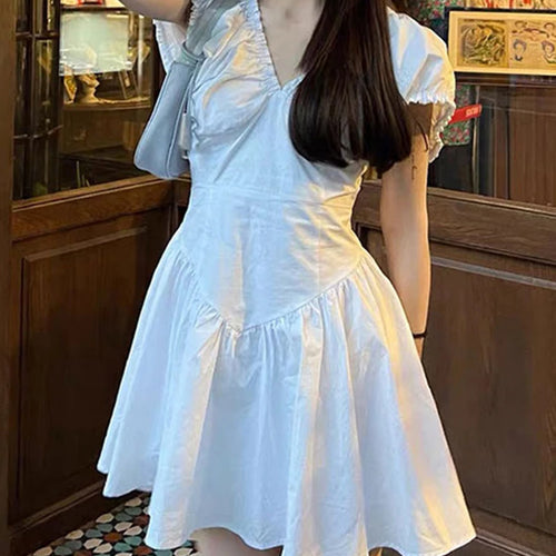 Load image into Gallery viewer, Summer Solid Color V-neck Women&#39;s Dresses Puff Sleeve Slim Fashion Female Streetwear French Style Elegant Mini Dresses
