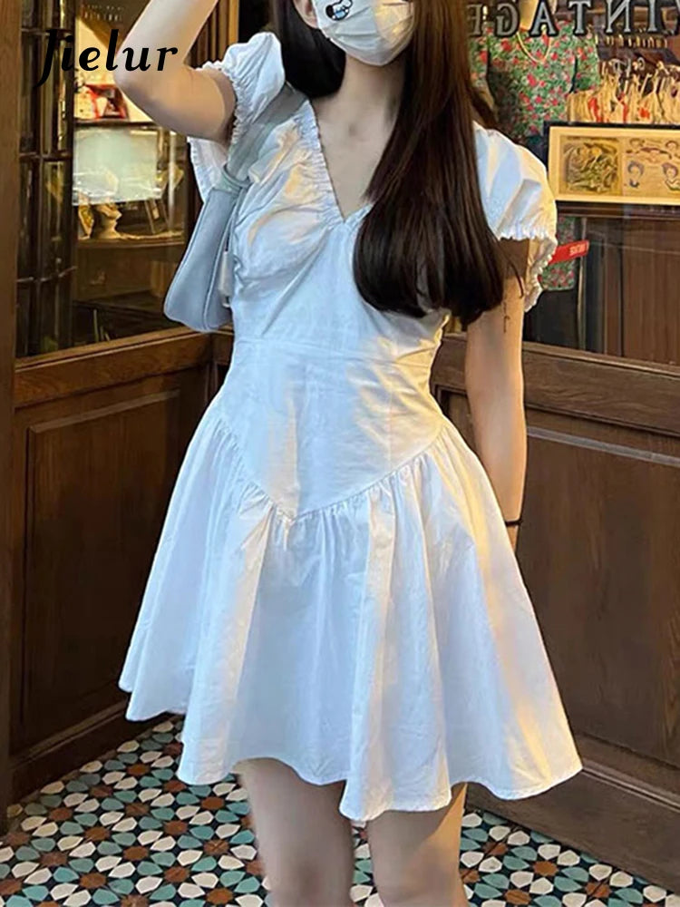 Summer Solid Color V-neck Women's Dresses Puff Sleeve Slim Fashion Female Streetwear French Style Elegant Mini Dresses