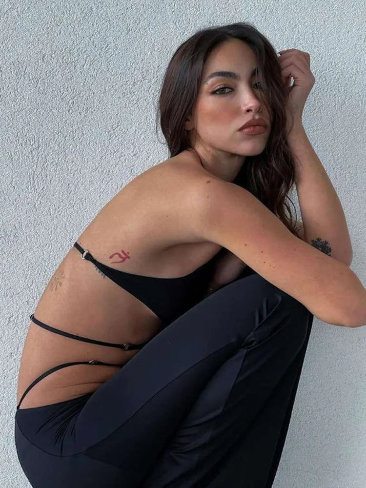 Articat Sexy Vest Top Long Pants Tight Two-piece Set For Women 2024 Autumn New Slim Female Lace Up Set Fashionable Streetwear