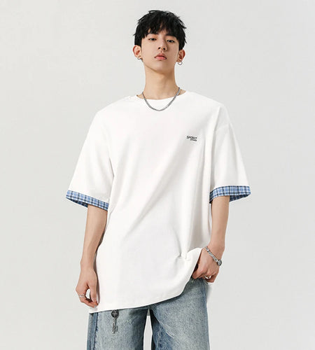 Men's T-shirts Short Sleeve New Summer American Style Plaid Contrast Color Patchwork Round Neck Trendy Male Tees 9W1946