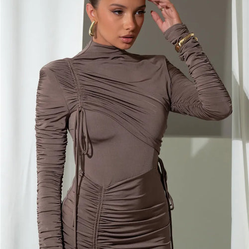 Load image into Gallery viewer, Long Sleeve Ruched Sexy Maxi Dress For Women Autumn Winter New Drawstring Turtleneck Bodycon Sexy Long Dress Elegant
