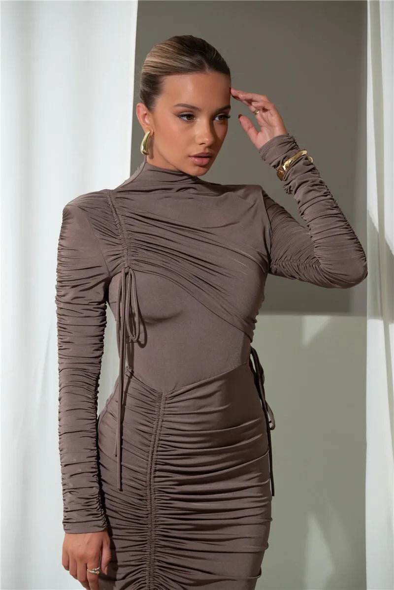 Long Sleeve Ruched Sexy Maxi Dress For Women Autumn Winter New Drawstring Turtleneck Bodycon Sexy Long Dress Elegant
