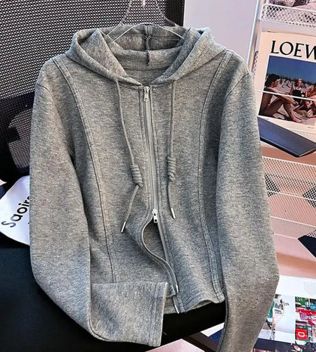 Korean Fashion Women's Black Beige Festival Hooded Zipper Sweatshirt Autumn Winter Retro Grey Long Sleeve Holiday Cardigan Tops