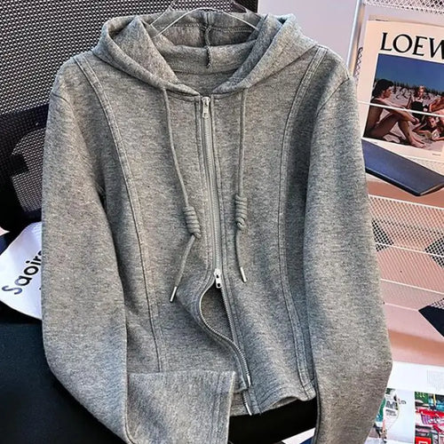 Load image into Gallery viewer, Korean Fashion Women's Black Beige Festival Hooded Zipper Sweatshirt Autumn Winter Retro Grey Long Sleeve Holiday Cardigan Tops
