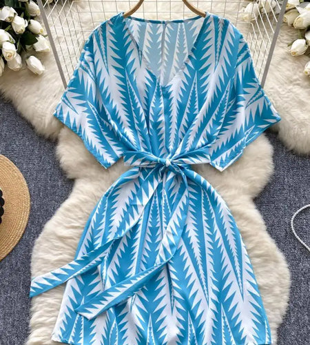 French Retro Women Blue Print V Neck Short Sleeved Festival Mini Dress Summer Elegant Bandage Vacation Party Dress Fashion Trend