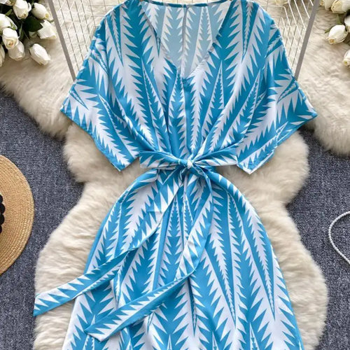 Load image into Gallery viewer, French Retro Women Blue Print V Neck Short Sleeved Festival Mini Dress Summer Elegant Bandage Vacation Party Dress Fashion Trend
