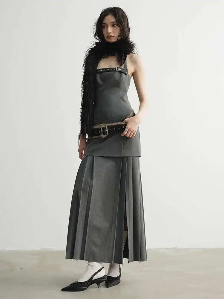 Women Geay Leather Hem Pleated Wool Belt Long Elegant Dress New Halter Sleeveless Fashion Tide Spring Autumn 2025 1DH7227