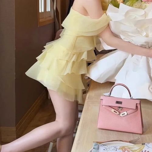 Load image into Gallery viewer, Solid Spliced Ruffles Slimming Dresses For Women Diagonal Collar Sleeveless High Waist Temperament Dress Female New
