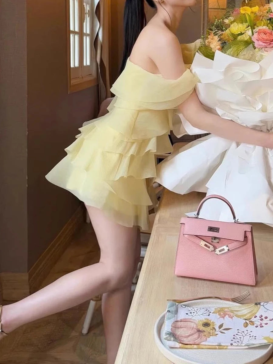 Solid Spliced Ruffles Slimming Dresses For Women Diagonal Collar Sleeveless High Waist Temperament Dress Female New