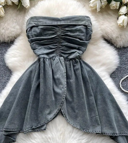 New Women Black Temperament Sleeveless Ruffles Pleated Denim Strapless Tops Summer Blue Sexy Club Backless Irregular Vest Street