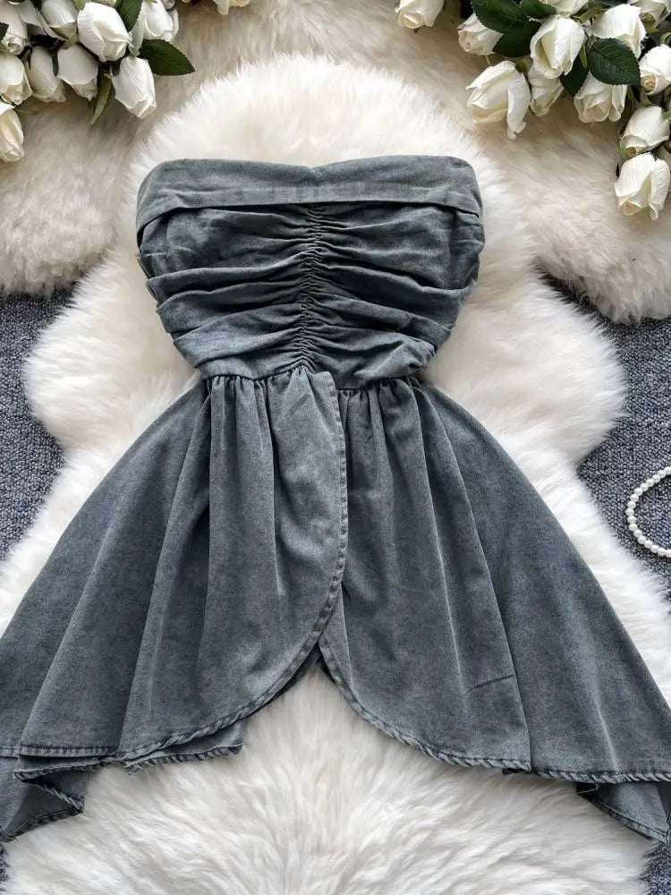 New Women Black Temperament Sleeveless Ruffles Pleated Denim Strapless Tops Summer Blue Sexy Club Backless Irregular Vest Street
