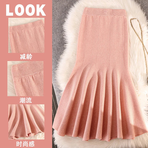 Load image into Gallery viewer, Autumn Winter Black Pleated Knit Fishtail Skirt Women 2023 Fashion Beige Bodycon Mermaid Midi Skirt Pink Elastic High Waist Slim
