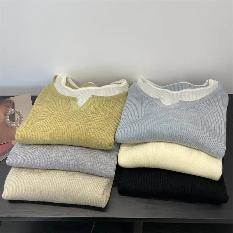 Autumn Winter Women's Patchwork Long Sleeved Pullover Sweater French Casual Round Neck Holiday Knitwear Tops 2024 New Streetwear