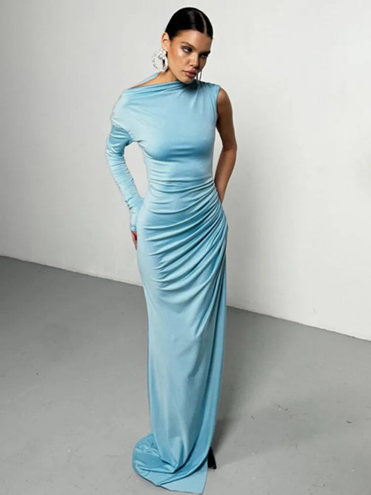 Elegant Single Sleeve High Elasticity Tight Fold Dress Women New 2025 Winter Party Club Evening Dress Bodycon Vestdos