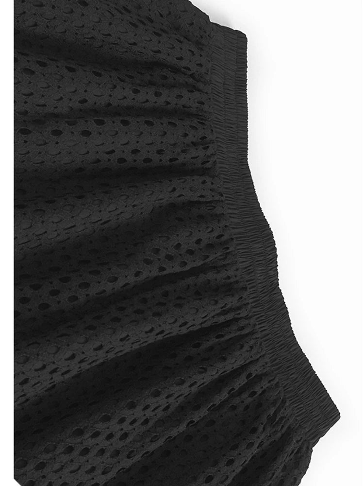 High Elastic Waist Black Grid Hollow Out Long Wide Leg Pants New Trousers Women Fashion Tide Spring Autumn 2025 1DJ1196