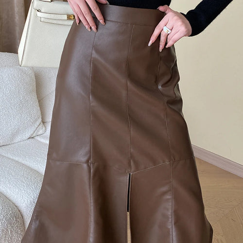 Load image into Gallery viewer, Solid Slimming Trumpet Skirts For Women High Waist Patchwork Zipper Minimalist Leather Skirt Female Fashion
