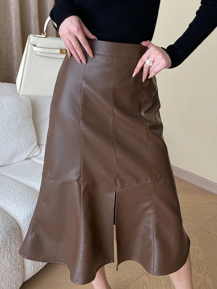 Solid Slimming Trumpet Skirts For Women High Waist Patchwork Zipper Minimalist Leather Skirt Female Fashion