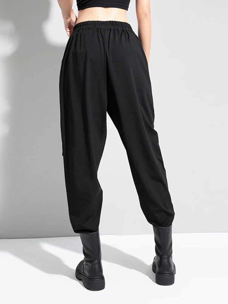 High Elastic Waist Black Ribbon Split Harem Trousers New Loose Fit Pants Women Fashion Tide Spring Autumn 2025 1DC777