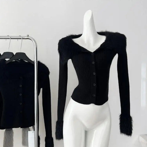 Load image into Gallery viewer, Retro Black Plush Neck Long Sleeved Cardigan Sweater Women Grey Festival Casual Versatile Short Knit Tops 2024 Autumn Winter New
